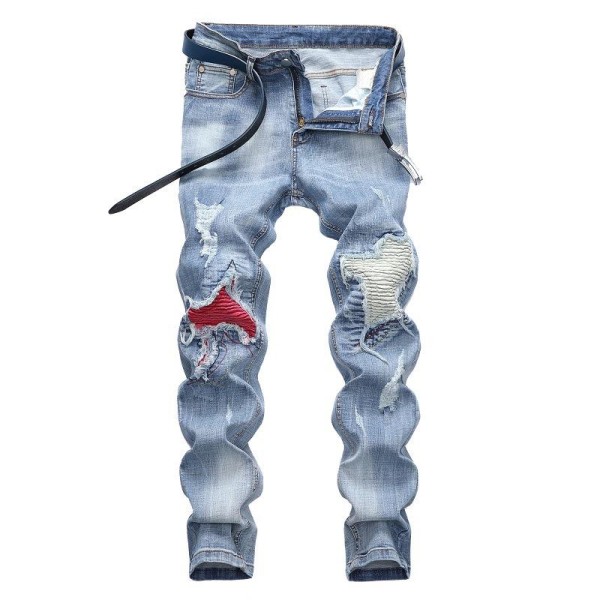 Men's Casual Light Colored Elastic Motorcycle Pants with Torn Middle Waist Jeans