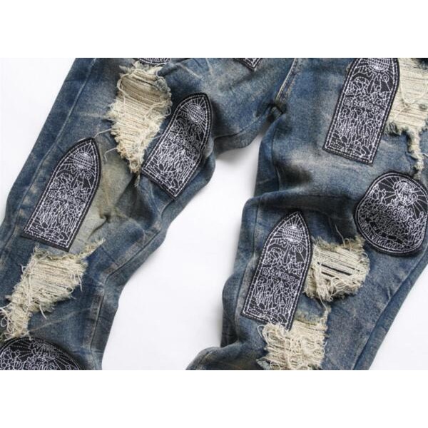 Men Retro Blue Jeans Badge Decor Straight Leg Ripped Punk Hip Hop Pants Trousers