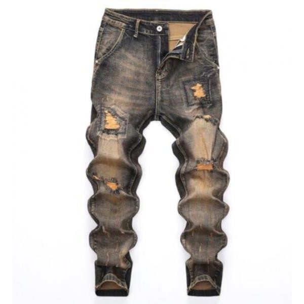 Mens Retro Denim Ripped Straight Leg Casual Jeans Pants Trousers Punk Hip Hop