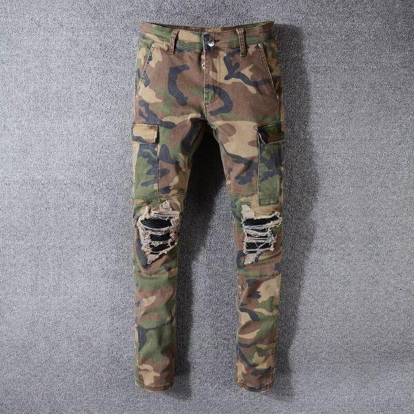 Mens Slim Camouflage Ripped Jeans Army Style Stretch Frayed PU Patch Biker Pants