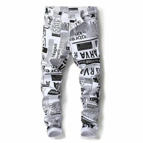 Mens Newspaper Print Jeans Fashion Hip Hop Slim Fit Denim Pants Casual Trousers