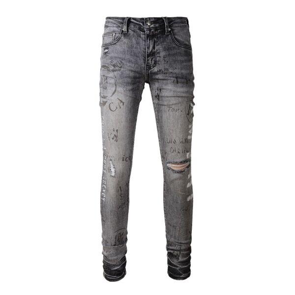 Mens Punk Ripped Letter Graffiti Rinse Wash Frayed Skinny Fit Stretch Gray Jeans