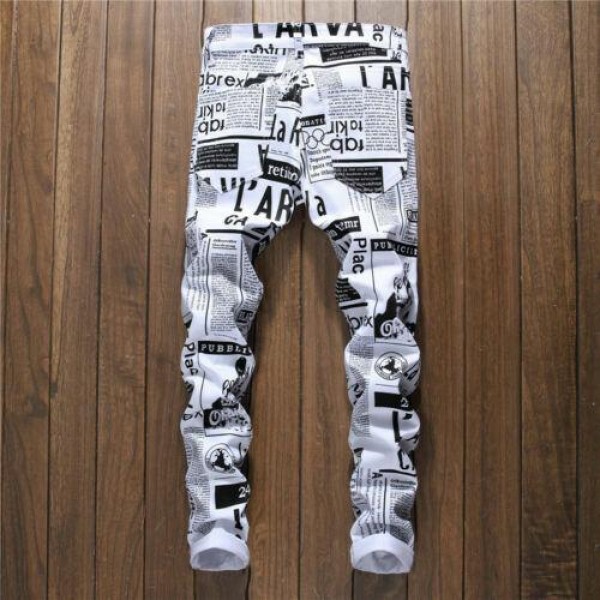 Mens Newspaper Print Jeans Fashion Hip Hop Slim Fit Denim Pants Casual Trousers