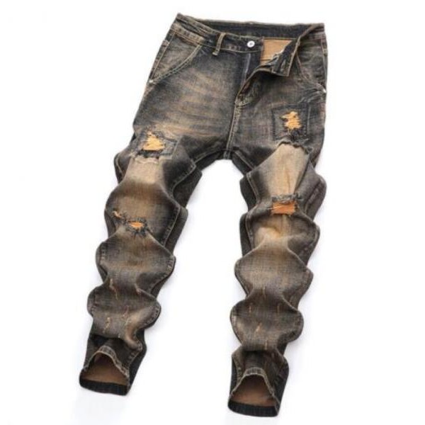 Mens Retro Denim Ripped Straight Leg Casual Jeans Pants Trousers Punk Hip Hop