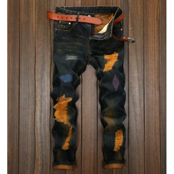 Mens Retro Distressed Ripped Biker Slim Jeans Super Stretched Moto Denim Pants G