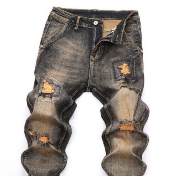 Mens Retro Denim Ripped Straight Leg Casual Jeans Pants Trousers Punk Hip Hop