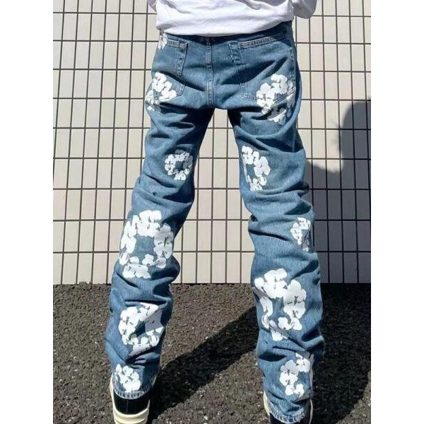 Loose Straight Comfy Cotton Denim Pants Casual Fashion Flowers Printed Jeans New