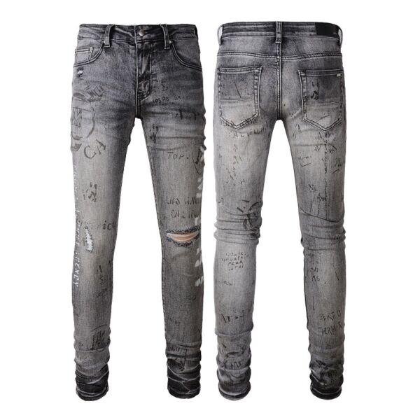 Mens Punk Ripped Letter Graffiti Rinse Wash Frayed Skinny Fit Stretch Gray Jeans