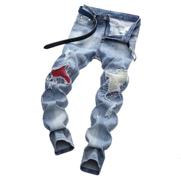 Men's Casual Light Colored Elastic Motorcycle Pants with Torn Middle Waist Jeans