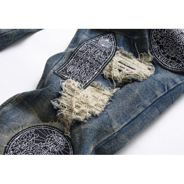 Men Retro Blue Jeans Badge Decor Straight Leg Ripped Punk Hip Hop Pants Trousers