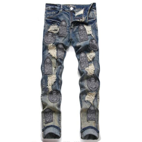 Men Retro Blue Jeans Badge Decor Straight Leg Ripped Punk Hip Hop Pants Trousers