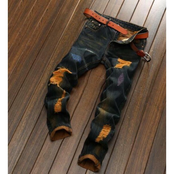 Mens Retro Distressed Ripped Biker Slim Jeans Super Stretched Moto Denim Pants G