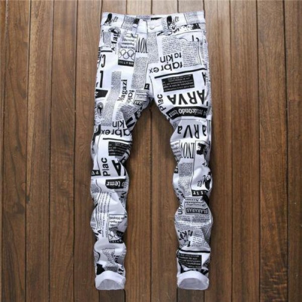 Mens Newspaper Print Jeans Fashion Hip Hop Slim Fit Denim Pants Casual Trousers