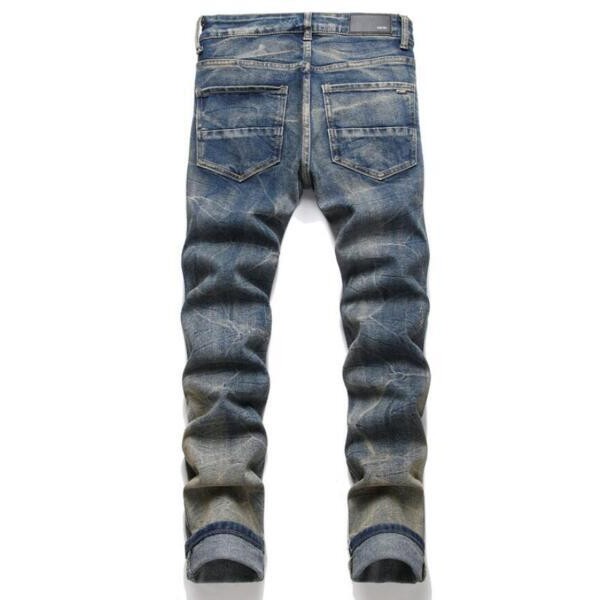 Men Retro Blue Jeans Badge Decor Straight Leg Ripped Punk Hip Hop Pants Trousers