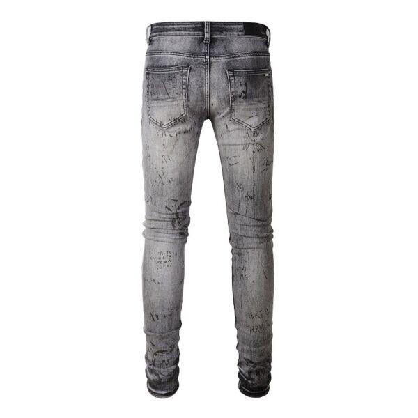 Mens Punk Ripped Letter Graffiti Rinse Wash Frayed Skinny Fit Stretch Gray Jeans