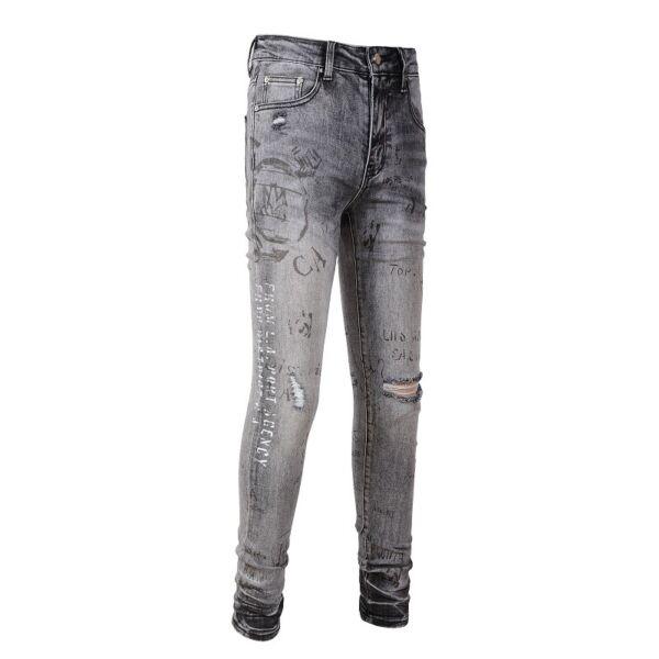 Mens Punk Ripped Letter Graffiti Rinse Wash Frayed Skinny Fit Stretch Gray Jeans