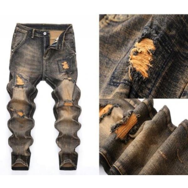 Mens Retro Denim Ripped Straight Leg Casual Jeans Pants Trousers Punk Hip Hop