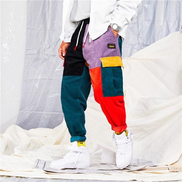 Cargo Pants Corduroy Trousers Men's Joggers Streetwear Color Block Patchwork