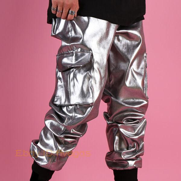 Men Dance Streetwear Shiny Silver Faux Leather Hip Hop Trouser Loose Cargo Pants