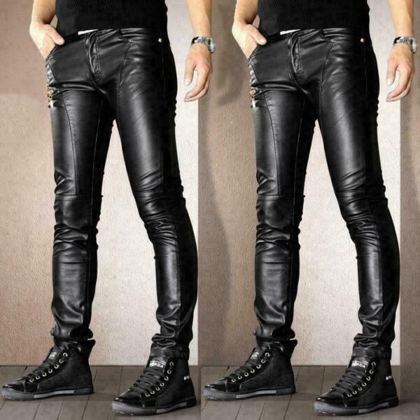 Mens Punk Motorcycle faux Leather Leisure Trousers Skinny Slim Fit Casual Pants