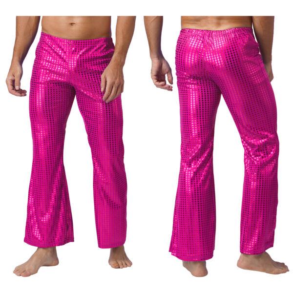 Men's Metallic Sequin Dots Flared Pants Elastic Waistband Disco Bell-Bottoms 