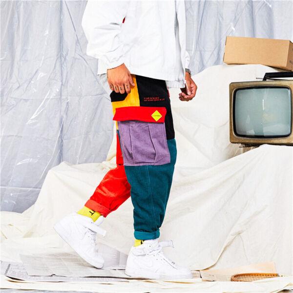 Cargo Pants Corduroy Trousers Men's Joggers Streetwear Color Block Patchwork