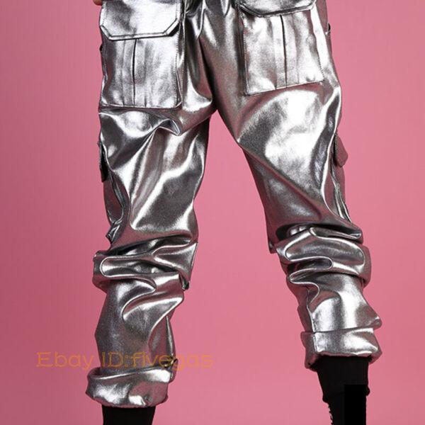 Men Dance Streetwear Shiny Silver Faux Leather Hip Hop Trouser Loose Cargo Pants