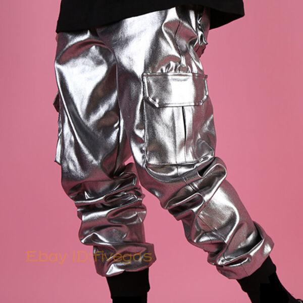 Men Dance Streetwear Shiny Silver Faux Leather Hip Hop Trouser Loose Cargo Pants