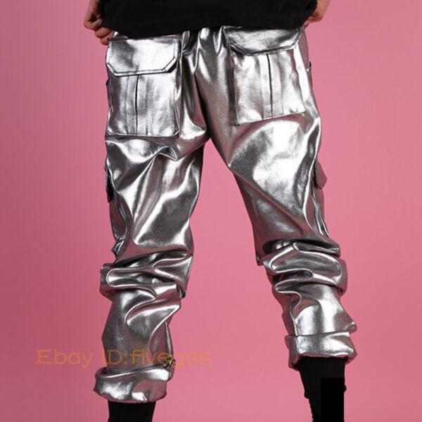 Men Dance Streetwear Shiny Silver Faux Leather Hip Hop Trouser Loose Cargo Pants