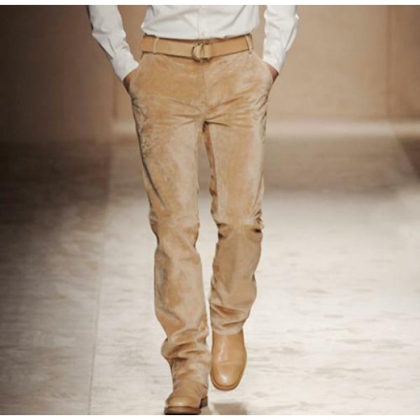 Mens Straight Work Wear Suede Pants Long Formal Trousers British Vintage Style