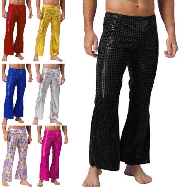 Men's Metallic Sequin Dots Flared Pants Elastic Waistband Disco Bell-Bottoms 