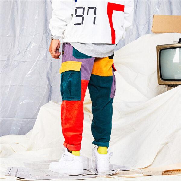 Cargo Pants Corduroy Trousers Men's Joggers Streetwear Color Block Patchwork