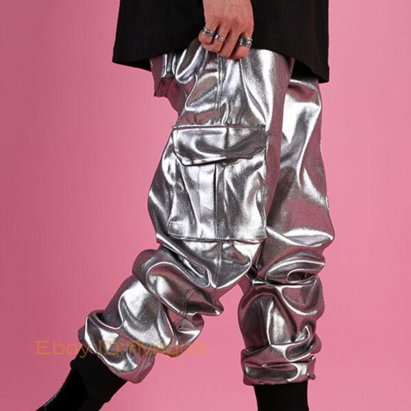 Men Dance Streetwear Shiny Silver Faux Leather Hip Hop Trouser Loose Cargo Pants