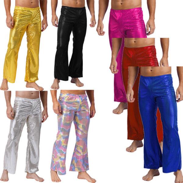 Men's Metallic Sequin Dots Flared Pants Elastic Waistband Disco Bell-Bottoms 