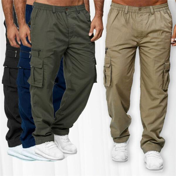 Mens Combat Work Pants Bottoms Lightweight Elasticated Waist Cargo Trousers uk