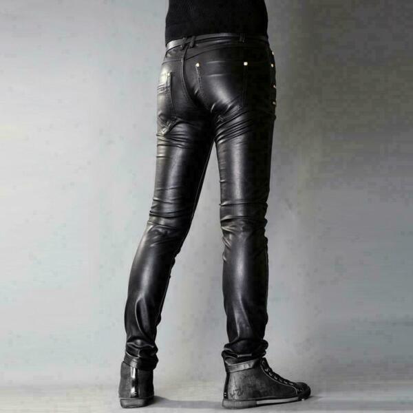 Mens Punk Motorcycle faux Leather Leisure Trousers Skinny Slim Fit Casual Pants