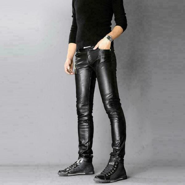 Mens Punk Motorcycle faux Leather Leisure Trousers Skinny Slim Fit Casual Pants