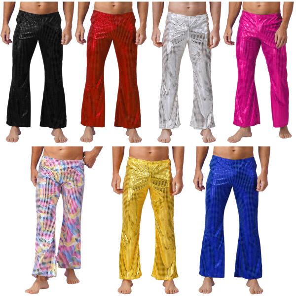 Men's Metallic Sequin Dots Flared Pants Elastic Waistband Disco Bell-Bottoms 