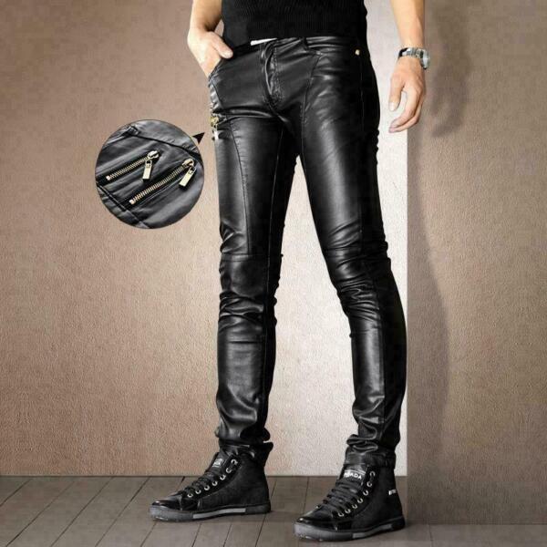 Mens Punk Motorcycle faux Leather Leisure Trousers Skinny Slim Fit Casual Pants