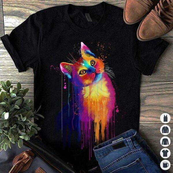 Animal Lovers Color Cat Art Print Shirt Cat Mom Dad Black T Shirt S-5XL