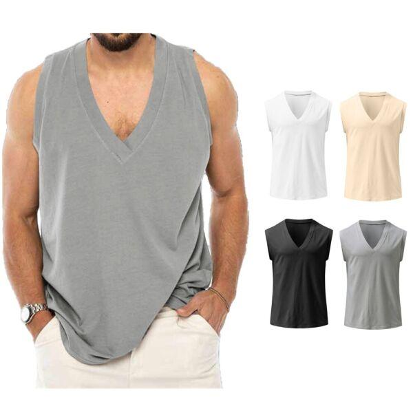 Mens Casual Sleeveless V Neck T-shirt Vest Solid Color Workout Muscle Tank Top 