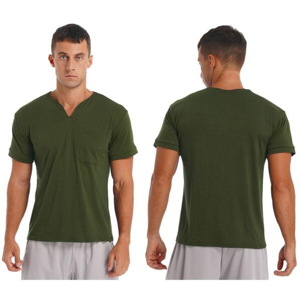 Men Cotton Short Sleeve T-shirt Tops Casual V Neck Solid Color Tees New T Shirts