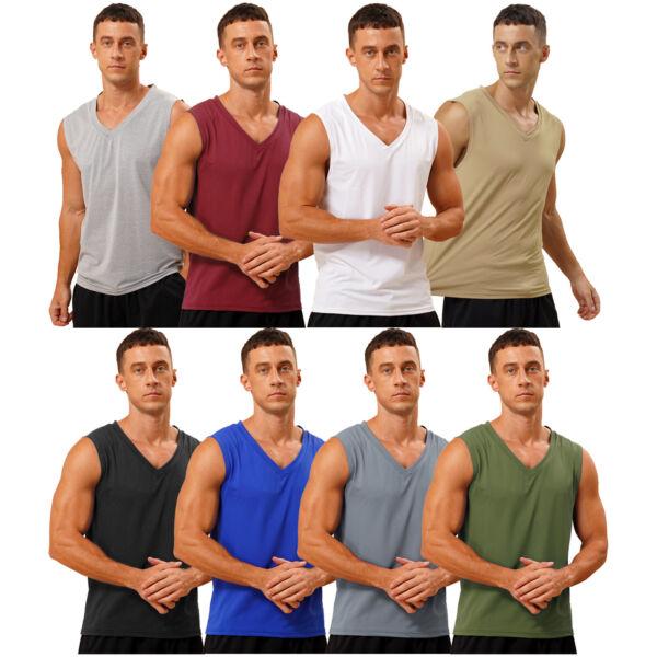 Mens Solid Color Workout Vest Tank Tops Quick Dry Sleeveless V Neck Muscle Shirt