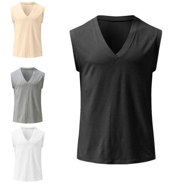 Mens Casual Sleeveless V Neck T-shirt Vest Solid Color Workout Muscle Tank Top 