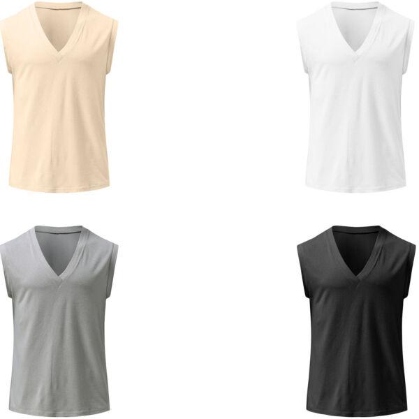 Mens Casual Sleeveless V Neck T-shirt Vest Solid Color Workout Muscle Tank Top 