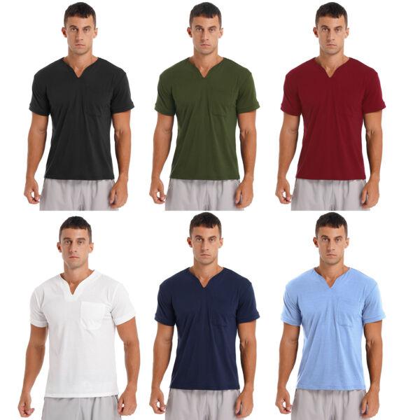 Men Cotton Short Sleeve T-shirt Tops Casual V Neck Solid Color Tees New T Shirts