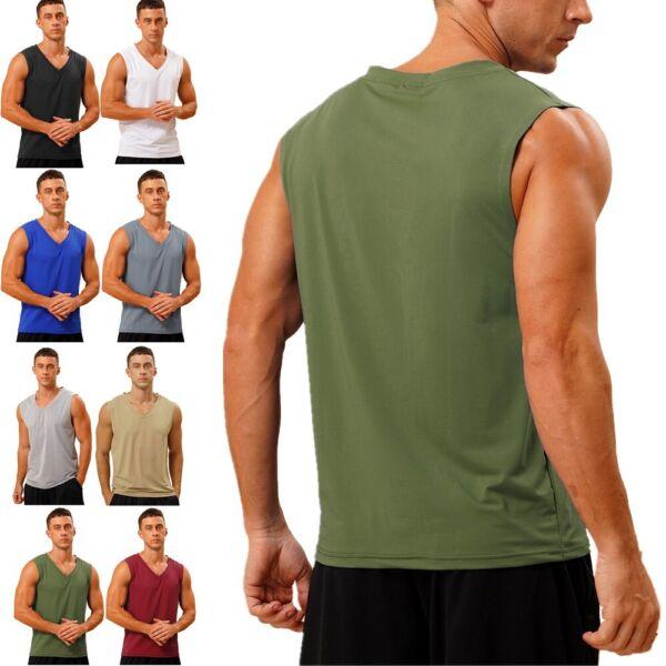 Mens Solid Color Workout Vest Tank Tops Quick Dry Sleeveless V Neck Muscle Shirt