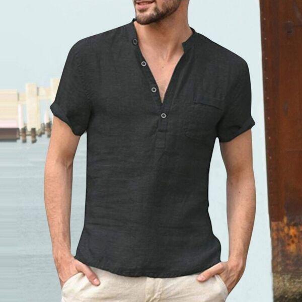 High Quality Men's Linen V Neck Bandage T Shirts Male Solid Color Long Sleeves