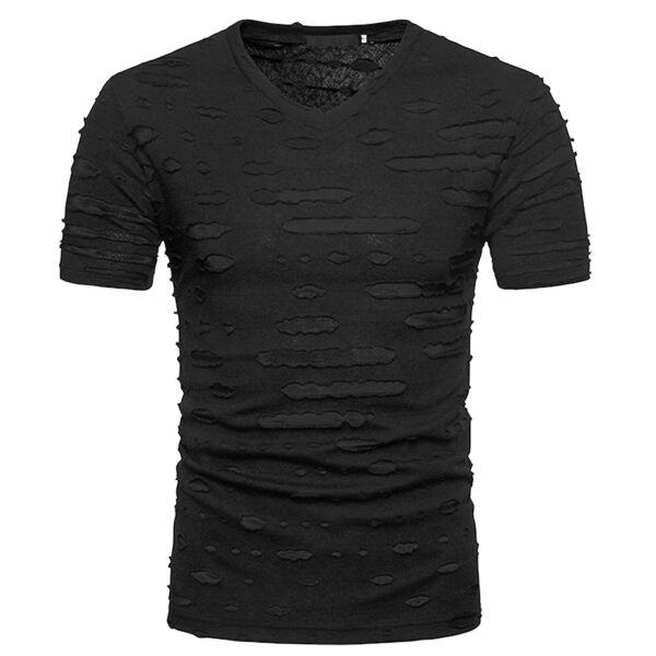 Mens Ripped T-shirt Solid Color Slim Fit V Neck Short Sleeve Tops Streetwear