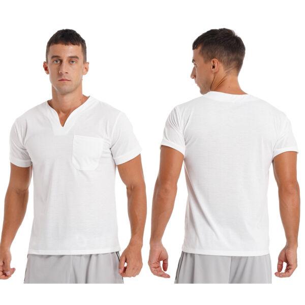 Men Cotton Short Sleeve T-shirt Tops Casual V Neck Solid Color Tees New T Shirts